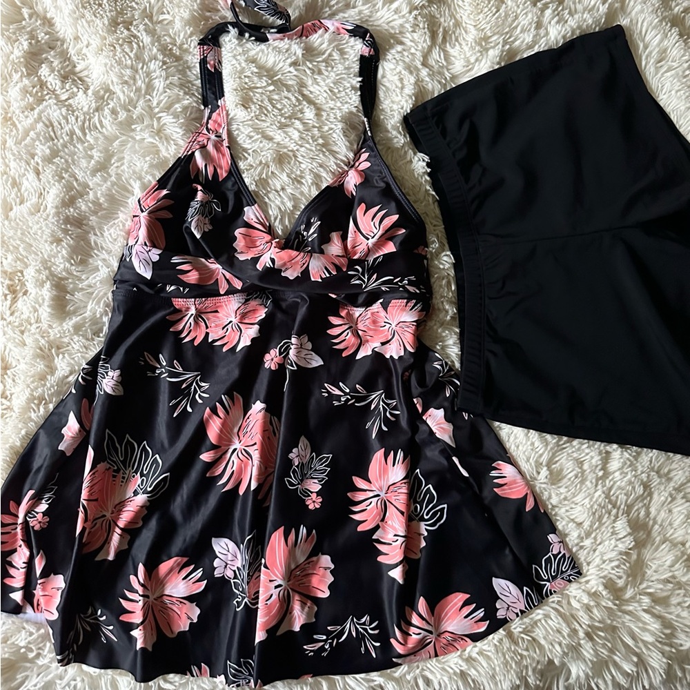 Floral Halter Swim Dress with TWO Black Bottoms